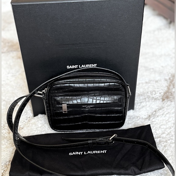 Saint Laurent Handbags - Saint Laurent Black Leather Croc Embossed Crossbody Camera  Bag